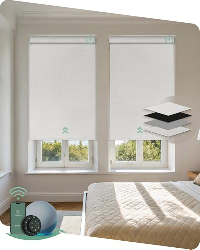 Yoolax Motorized Blinds with Remote, Blackout Smart Blinds Motorized Fabric Roller Shades Work with Alexa, Automatic Shades for Windows Custom Size (Greyish White)