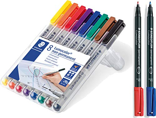 STAEDTLER Lumocolor 316 WP8 Folienstift, non-permanent, wasserlöslich, F-Spitze Linienbreite ca. 0.6 mm, hohe Qualität, Set mit 8 Farben (Farblich Sortiert, 10er-Pack)