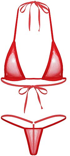 Alvivi Microkini 2 st dam sexig bikini halter bh och mikrostring string string linne transparent mesh enfärgad monokini nattkläder, Färg: röd, One size