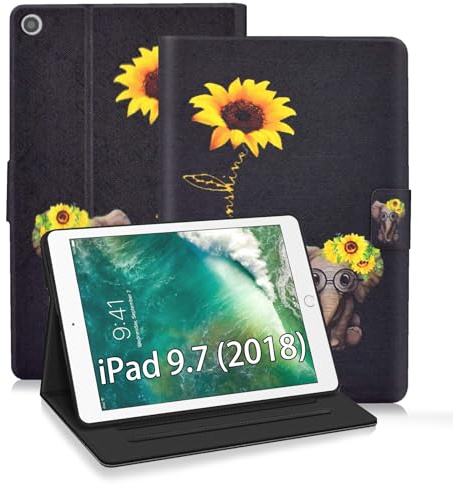 ONETHEFUL Libro Schutzhülle für Apple iPad 9,7 Zoll 2017 2018 / iPad Air 2013 / iPad Air 2 2014 Tablet, Schutzhülle, Schutzhülle, mit PU-Leder und Standfunktion – Gänseblümchenelefant