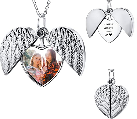 INBLUE Personalisierte Foto Kette Damen Medaillon Herz Engelsflügel Halskette Edelstahl Legierung Geschenk Jahrestag für Pärchen Sonnenblume Geschenk für Mutter Tochter
