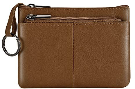 Lidwot Münzgeldbörse aus echtem Leder, Mini-Reißverschluss, Münzbeutel mit Schlüsselanhänger, 3 Reißverschlüsse, Braun, Geldbörse Münztasche mit Schlüsselanhänger, 3 Reißverschlüsse