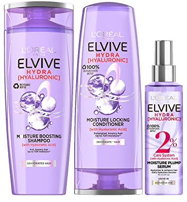 L'Oreal Paris Elvive Hydra Hyaluronic Shampoo, Conditioner and Serum Set with Hyaluronic Acid, Hair Care Treatment with Anti Frizz Spray for Dry Hair, Shampoo 500ml, Conditioner 400ml, Serum 150ml