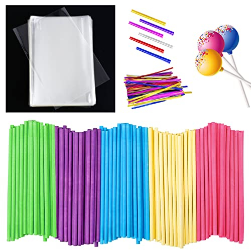 thirei Cake Pop Set, Lollipop de 15 cm, para Palitos de Pastel, Postres y Chocolates, 100 Cake Pop Sticks, 100 Bolsas de celofán Transparente con 100 Lazos