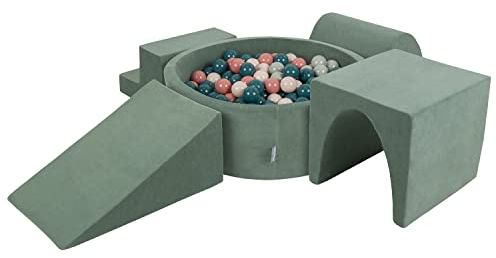 KiddyMoon Spielplatz Velvet Aus Schaumstoff Mit Samt Rund Bällebad (300 Bälle) Ballgruben Für Babys Spielbad, Hergestellt In Der EU, Waldgrün: Dunkeltürkis/Pastellbeige/Grüngrau/Lachsfarben