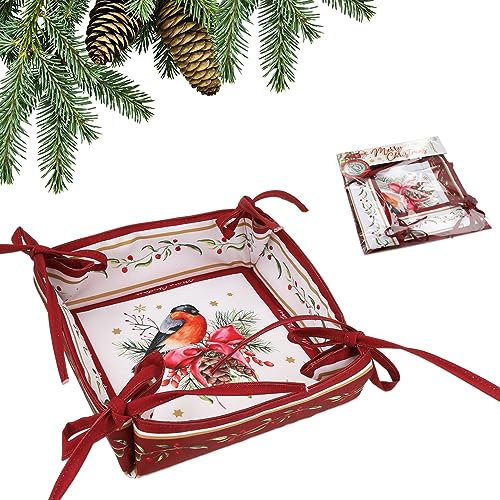 Carmani - Cesta plegable cuadrada reversible para pan, panecillos, baguettes, bollos, huevos y pasteles con diseño de Navidad y patrón de petirrojos