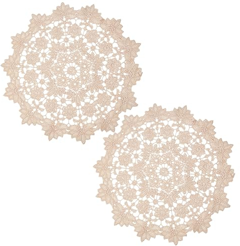 GORGECRAFT 2Stk Spitzendeckchen Mit 35cm Durchmesser Große Runde Häkelspitzen-Untersetzer Vintage-Beige-Blumenblätter Stickerei Tischsets Für Küche Esszimmer Tasse Schüssel Topf Hochzeit Dekoration