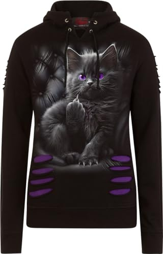 Spiral Cattitude Femme Sweat-Shirt à Capuche Noir/Lilas 100% Coton Regular/Coupe Standard