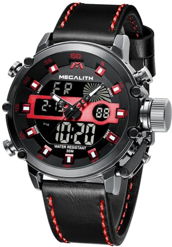MEGALITH Reloj Hombre Digital Deportivo: Militar Esfera Grande Reloj de Pulsera con Correa de Cuero Negro - Cronómetro LED Alarma Impermeable para Correr Outdoor