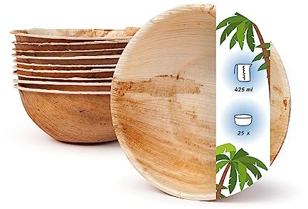 onlyleaf Palmware - Vajillas desechables ecológicas hechas de hojas de palma I 25 piezas oja de palma tazón redondo 425ml ø15cm I ensaladera tazón - tazón de sopa - tazón de aperitivos