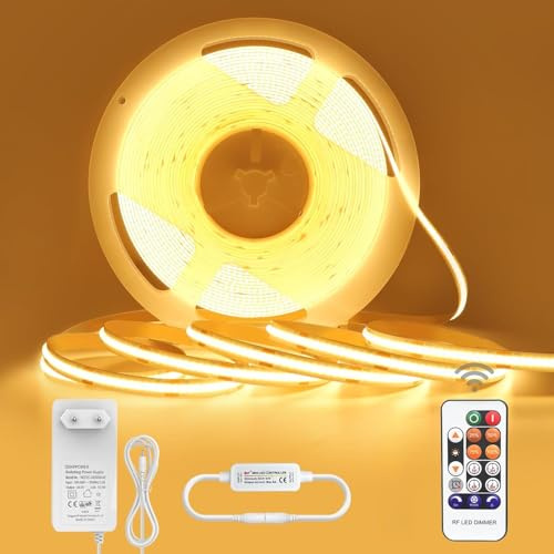 COB LED Streifen 10M, LED Strip Warmweiss Dimmbar 24V, Lichtleiste led selbstklebend Wasserdicht IP44, Lichtband mit Netzteil und Fernbedienung für Unterbau TV Küche Wohnzimmer DIY LED Band 10M 3000K
