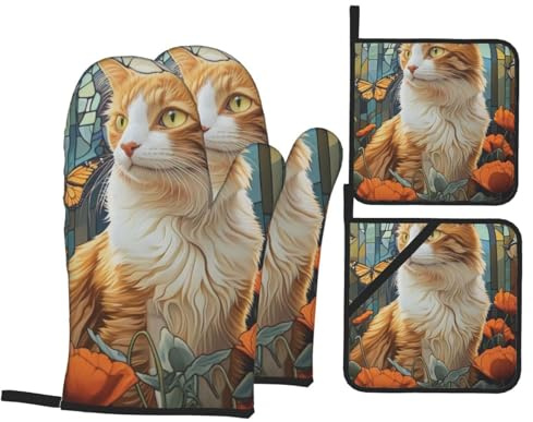 Ofenhandschuhe und Topflappen, niedliche Katzen-Ofenhandschuhe mit Topflappen, rutschfeste Handschuhe, hohe Hitzebeständigkeit, 500 Grad für Grill, Grill, Backen, Kochen, Ofen, Mikrowelle, 4 Stück