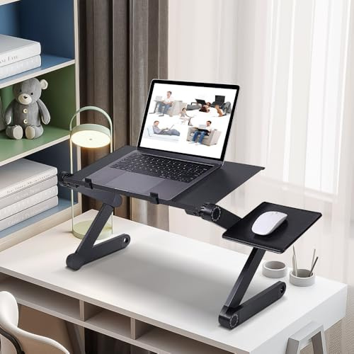 Table d'Ordinateur Portable Réglable, Plateau pour Lit, Support Pliable en Aluminium, Ventilation, Hauteur/Inclinaison Ajustables, Lap Desks Plateau (Noir, 42 * 26 * 25cm)