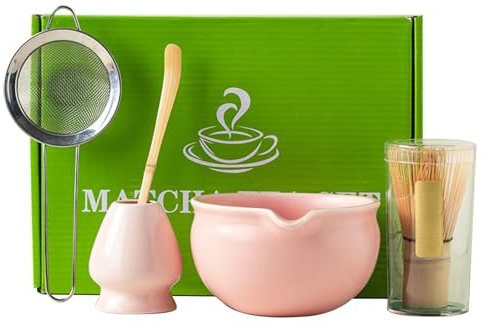 5Pcs Matcha Whisk Set, Ceramic Matcha Bowl and Matcha Whisk, Scoop, Sifter, Whisk Holder Matcha Kit for Matcha Tea Ceremony Pink