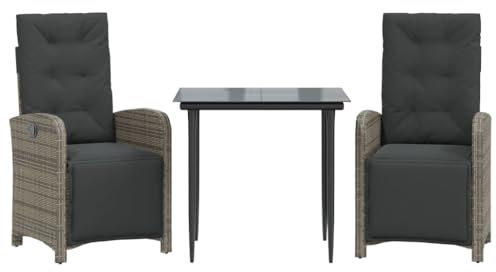 Eleganz 3-TLG. Bistro-Set mit Kissen Grau, PE-Rattan & pulverbeschichteter Stahl, wetterfest & langlebig, ideal für Balkon, Terrasse oder Garten