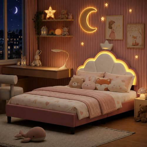 DAHUEN Polsterbett 140x200 für Kinder mit LED-Beleuchtung, Kinderbett Bettgestell für Mädchen mit Verstellbares Crown-Kopfteil, Prinzessin Bett Rosa mit Lattenrost, Flanell (Rosa, 140×200cm)