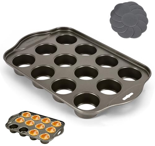 OUZHOU 12 Cup Muffin Trays, Non-Stick Cupcake Tray Removable Bottom, Carbon Steel Muffin Tin Dishwasher Safe Reusable Mini Muffin Tray for Yorkshire Pudding Pies Cupcakes Brownies