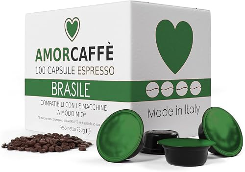 AMORCAFFÈ 100 Coffee Capsules Pods Compatible with Lavazza A Modo Mio, Brasile taste Strength 5/10