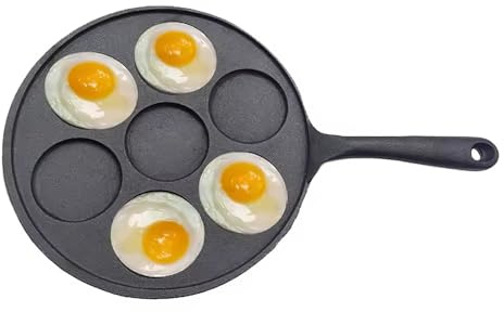 Warmiehomy Cast Iron Pancake Pan, 23 cm Non-Stick Multi Hole Pancake Maker, 7 Hole Crepe & Pancakes Pan with Long Handle for Mini Pancakes & Frying Eggs for Gas, Electric, Induction & Oven