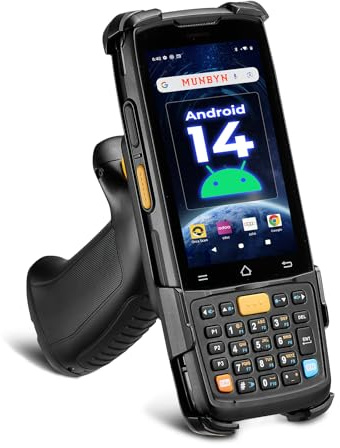 MUNBYN Android 14 Barcode Scanner with Pistol Grip,Equipped with Honeywell HS7 QR Scanner, 4GB+64GB Handheld PDA, 4-inch Touchscreen, IP65 Rugged, 5000mAh for Inventory Warehouse Logistics MC005P