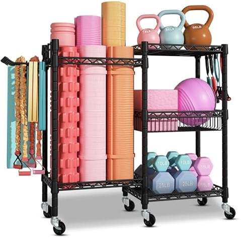 Étagère de Rangement Fitness à 3 Niveaux avec Roulettes Verrouillables et Crochets – Organiseur en Acier au Carbone pour Haltères, Tapis de Yoga et Bandes de Résistance, 91,5×30×82,5 cm, Charge 120 KG