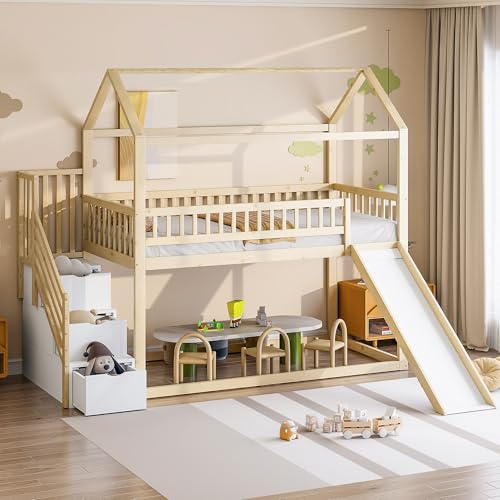 Soweiz Letto a castello per bambini, 90 x 200 cm, letto a soppalco con scivolo e scala di stoccaggio, struttura di recinzione alta, telaio in legno massiccio, rete a doghe (colore legno)