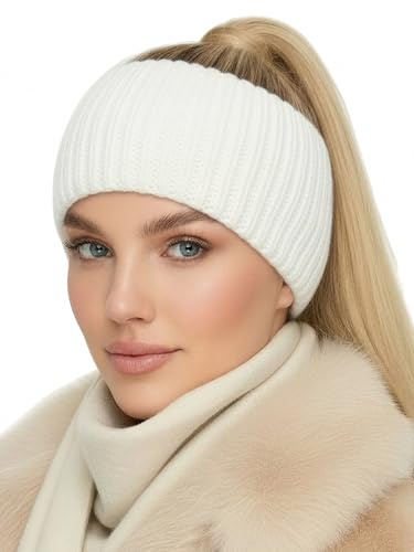 Baesics Stirnband Damen Weiß - Winter Ohrenwärmer warm gefüttert gestrickt | Mit weichem Fleece-Innenfutter, dehnbar, 48-58 cm, Unisex für Damen und Herren. Klassisch gerippt einfarbig für Sport und