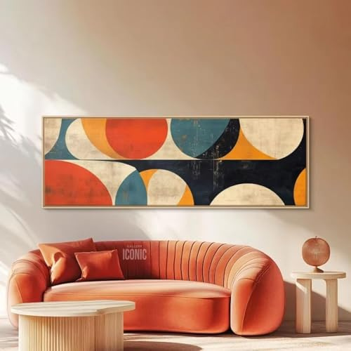Großer, farbenfroher Leinwanddruck im Mid-Century-Modern-Stil, Bauhaus-Stil | Breites Panorama-Wandbild für Wohnzimmer, 50 x 150 cm, ohne Rahmen