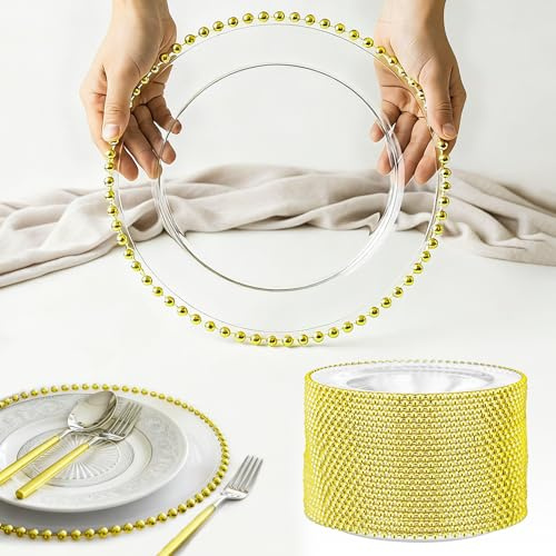 40 PCS Gold Beaded Charger Plates, 13 In Clear Plate Chargers Bulk Wedding, Clear and Gold Charger Plates with Beaded Rim for Party, Wedding, Home Kitchen Tabletop