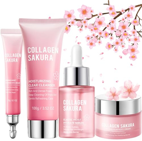 Sakura Collagen Skincare Geschenkset Frauen, Feuchtigkeit Beauty Set Mädchen mit Anti Aging Creme Frauen, Kollagen Serum, Reiniger, Augencreme, Pflegeset Damen, Skin Care Geschenkset Damen Mädchen