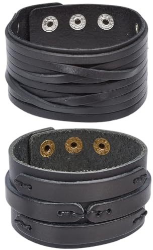 CALFOVERA 2 st äkta läder vintage punk bred manschett armband för män 2 stilar kohud läderarmband fullnarv justerbart gotiskt armband för män kvinnor daglig användning fest cosplay gåva (svart)