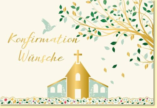 Gutsch Verlag Glückwunschkarte zur Konfirmation mit goldener Kirche und Baum edles Design Konfirmationskarte Doppelkarte religiöse Glückwünsche - mit Umschlag