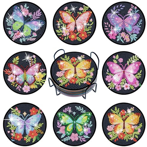 8 Stück Butterfly Diamond Painting Untersetze Sets mit Holde für Erwachsene & Kinder,Basteln Erwachsene,Diamond Painting zubehör