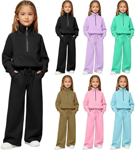 Kids Tracksuit Full Set for Boys Girls 2 Piece Sweatsuits Set Long Sleeve Half Zip Pullover Sweatshirt Wide Leg Sweatpants Fall Outfits Oversized Tracksuits Casual Jumper Gym Set (Black, 7-8 Years)