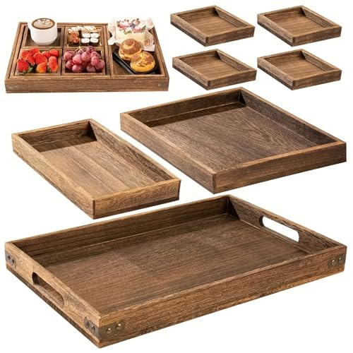 Wooden Serving Tray, 7pcs Rustic Wooden Serving Board with Handles Rectangular Platters for Eating Food for Dinner Bedroom Living Room Kitchen Bathroom, Hospital, Brown