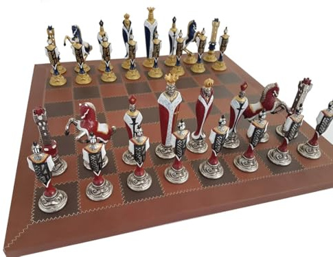 Italfama Solid Metal Chess Pieces + Real Leather Chess Board med mörkbrun