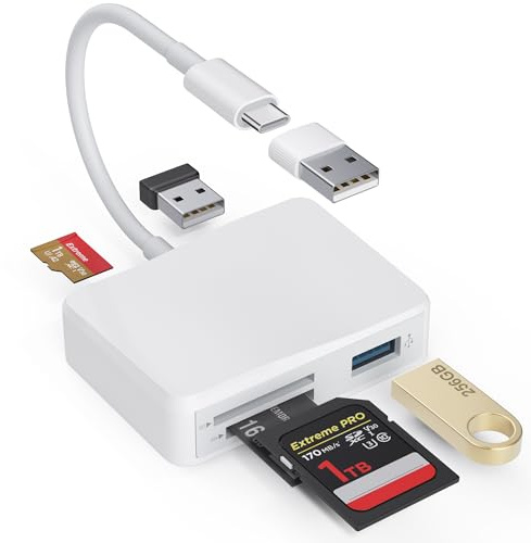 SD-Kartenleser, 5-in-1 USB-C & USB-Kartenadapter mit SD/MicroSD/MS und Dual-USB-A-Ports, Speicherkartenleser für iPhone 17/16/15 Pro Max, iPad, MacBook Pro/Air M4/M3, Android-Handy/Tablet-PC (weiß)