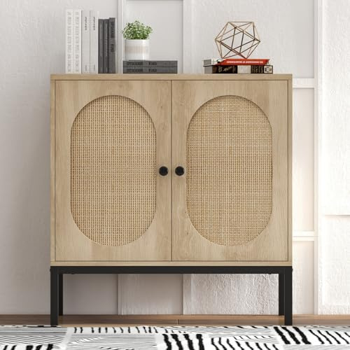Crevyteg Sideboard Kommode Mit 2 Türen Aus Natürlichem Rattan, Schrank Mit Ablagefläche Und Metallfüßen - Stauraum Für Esszimmer, Wohnzimmer, Flur Oder Küche, MDF Holzaufbau, Hell - Quadratische Füße