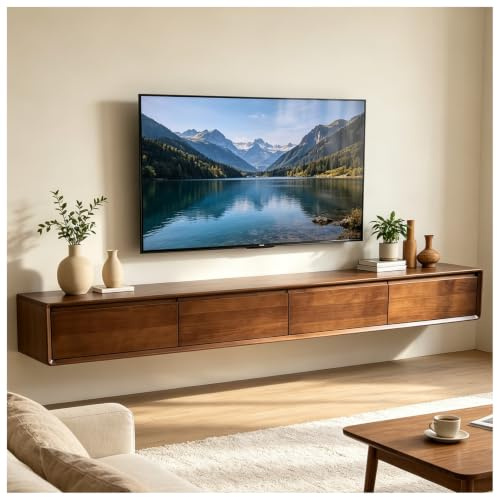 JUNFUNNLE Jungle Mueble de TV de 180cm Nogal+Negro, Mueble Flotante Salón con 2 Cajones 2 Puertas, Gran Almacenamiento para Salón, Comedor, Dormitorio y Oficina