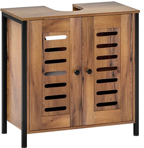 HOMCOM Mueble Bajo Lavabo Industrial con 2 Puertas de Lamas y Cierre Magnético, Estante Regulable, Mueble de Baño para Lavabos sin Pedestal, 60x30x60 cm, Marrón Rústico