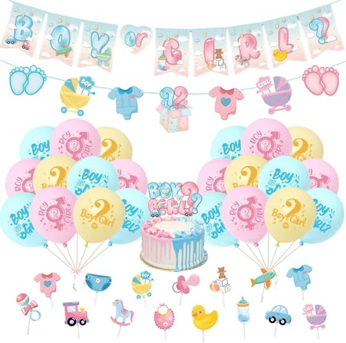 38Pcs Gender Reveal Decoration, Gender Reveal Ideas Set with Banners, Balloons, Cake Topper and Ribbons, Boy or Girl Pregnancy Announcements Party Supplies Game Decoration