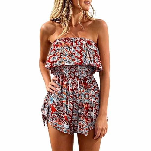 PAIDAXING Jumpsuits for Women UK Elegant Bandeau Rompers Sleeveless Floral Print Overalls Elestic High Waist Playsuits Ladies Summer Wide Leg Shorts One Piece Beach Coverups Holiday Dress