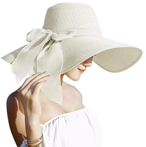 Lanzom Womens 5.7 Inches Big Bowknot Straw Hat Large Floppy Foldable Roll up Beach Cap Sun Hat UPF 50+ Fit Size 6 8/7-7 1/4(Ivory White)