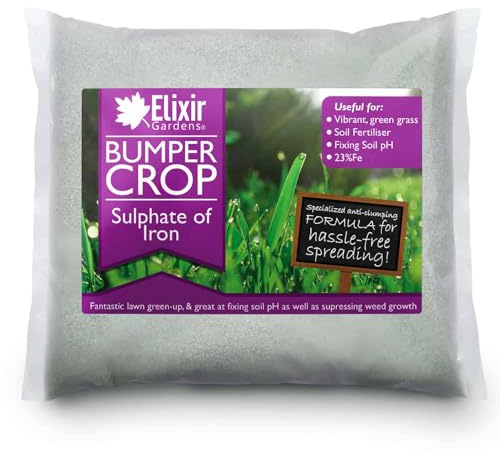 Elixir Gardens Bumper Crop Sulphate of Iron | From 200g to 25kg | Lawn Tonic, Turf Hardener & Grass Treatment | Soluble Ferrous Sulphate | 1kg Re-Sealable Bag | Makes 80L of Liquid Feed