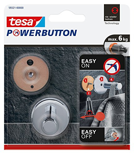 tesa Powerbutton Haken Universal MEDIUM aus verchromtem Metall - selbstklebender Badhaken, runde Form - Handtuchhaken für das Bad - belastbar bis 6 kg
