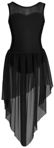 ranrann Enfant Fille Asymétrique Robe Danse Classique Justaucorps sans Manche Robe Danse Latine Ballet Costume Spectacle Dancewear A Noir 14 Ans