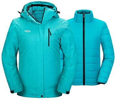 Wantdo Chaqueta de Esquí Deportiva al Aire Libre Chaqueta 3 en 1 Forro Desmontable Chaqueta de Esquí Antiviento Impermeable Abrigo Aislada con Vellón Invierno para Mujer Turquesa S