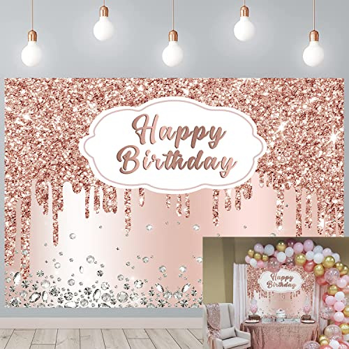 Roségoldener Hintergrund für Geburtstagsparty, rosa Glitzer-Diamanten, Happy Birthday, Fotografie-Hintergrund, Mädchen, Frau, Party-Dekoration, Kuchen, Tischbanner