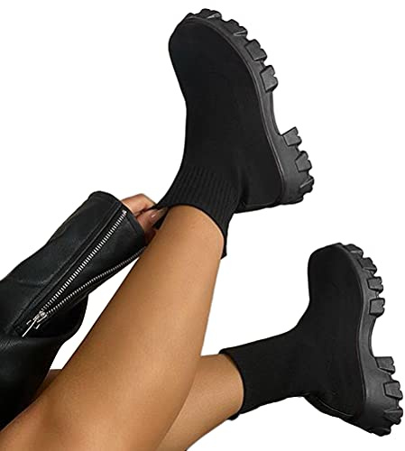 ORANDESIGNE Femme Bottes Courtes Tricotées Chaussures à Plateforme de Mode Bottines Tricotées de Couleur Unie Bottines Plateau Stretch Bottes à Enfiler Respirantes 01 Noir 39 EU