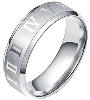 HIJONES Anillos de Boda de de La Suerte Con Números Romanos Simples para Hombres Mujeres de Acero Inoxidable Bandas Plata Talla 19
